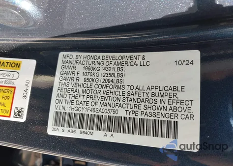 2025 Honda Accord Se из США, поврежденный, VIN 1HGCY1F46SA005790